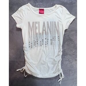 Fashion‎ of New York T-Shirt Womens Small White Melanin Rhinestone Ruched Side